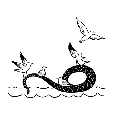 A group of seagulls with detailed feather textures perched playfully on the back of a long, coiled sea serpent. The sea serpent has intricate scales and a sinuous body, resting calmly on the surface of the water. The waves create ripples around the serpent, adding texture to the scene. The seagulls are positioned in various poses, some with wings slightly spread as if ready to take flight. The overall composition captures the interaction between the birds and the mythical creature.