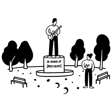 A large statue of a jazz musician stands prominently in the center of a park. The statue depicts the musician with an instrument, surrounded by a circular stone platform. Lush trees surround the area, and benches are placed nearby for visitors to sit. The words "In Honor of [Musician's Name]" are engraved on a plaque at the base of the statue. There are scattered leaves on the ground, and a pathway leads up to the statue, inviting people to approach and admire it.
