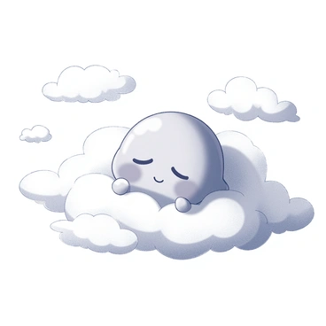A round, soft character with a smooth surface is lying comfortably on a fluffy cloud. The cloud has a fluffy, textured appearance, showcasing its puffy contours. The character's expression is content and dreamy, with closed eyes and a small smile that conveys a sense of peace. The surroundings are filled with additional smaller clouds, enhancing the whimsical atmosphere of the scene. The overall composition emphasizes the gentle, soft nature of the cloud and the character's relaxed posture.