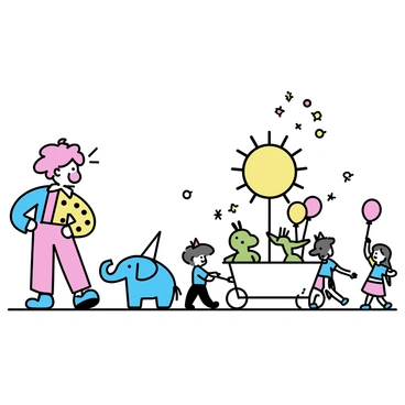 A parade featuring various characters and objects, all painted in vivid, contrasting colors. A tall clown with oversized shoes is leading the parade, wearing a bright red wig and a colorful polka dot suit. Behind him is a group of animals, including a blue elephant and a green giraffe, both wearing party hats. A float decorated with large balloons follows, showcasing a giant, bright yellow sun surrounded by smaller, multi-colored stars. Children are lining the sides of the street, waving colorful flags and holding balloons in their hands.