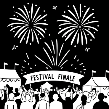 A display of fireworks bursting in the sky above a bustling festival. The fireworks are intricate, featuring various shapes and patterns radiating outward. Below, groups of people are gathered, some waving and cheering. Colorful tents and stalls are visible, with lights strung up creating a festive atmosphere. A large banner reading "Festival Finale" is prominently displayed amidst the scene.