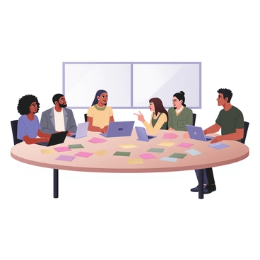 A diverse group of coworkers is gathered around a large, round table, deep in discussion. The team consists of four individuals: a woman with dark skin and curly hair, wearing a bright blue blouse; a man with light skin and short brown hair, dressed in a white shirt and gray blazer; a woman with medium skin and long straight black hair, wearing a yellow dress; and a man with medium skin and a beard, dressed in a dark green t-shirt. The table is covered with vibrant sticky notes in various colors, including pink, yellow, green, and blue, some stacked neatly and others scattered. Each coworker has a laptop in front of them, and they appear engaged as they point to the sticky notes and share ideas. A large window in the background lets in natural light, illuminating the collaborative atmosphere.