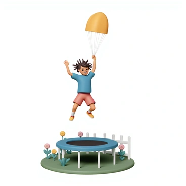 A child, wearing a bright blue t-shirt and red shorts, is joyfully jumping off a trampoline. The trampoline is set in a green backyard surrounded by colorful flowers and a wooden fence. The child is holding a small, vibrant yellow parachute above their head as they leap into the air. Their hair is flying upwards, and a big smile is on their face, excited for the descent. Below, the ground is soft with grass, indicating a safe landing zone. The scene captures the moment just before the parachute begins to open, emphasizing the thrill of the jump.