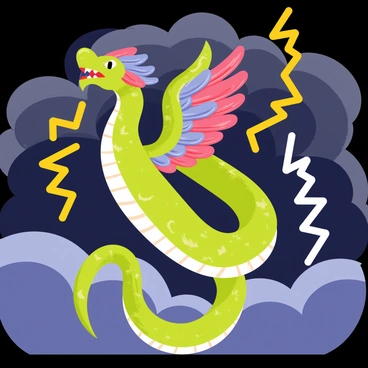 A colorful Quetzalcoatl with iridescent feathers and a serpent-like body is positioned prominently in the center of the image. The Quetzalcoatl has bright green, blue, and red scales that shimmer. Surrounding the figure are vibrant lightning bolts depicted in shades of yellow and white, striking downwards. The background features a dramatic sky filled with dark, swirling storm clouds in various shades of gray and blue, emphasizing the intensity of the scene.