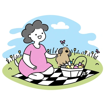 A fat woman with curly brown hair is sitting on a checkered picnic blanket in a sunny meadow. She is wearing a bright red dress and has a wide smile on her face. Next to her is a small brown dog with floppy ears, happily wagging its tail. An open picnic basket filled with colorful fruits and sandwiches rests beside her. The meadow is filled with green grass and scattered wildflowers under a clear blue sky. A few butterflies flutter nearby, adding to the cheerful scene.