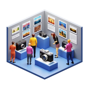 A 3D icon of an art gallery exhibit featuring famous photographers. There are several vintage cameras displayed prominently, each with distinct designs and features. The backdrop includes framed photographs showcasing iconic images captured by these photographers. The gallery space is well-lit, highlighting the cameras and photographs. Visitors can be seen admiring the exhibits, interacting with informational plaques beside each camera that provide details about the photographer and their work. The overall atmosphere is one of appreciation for the art of photography.