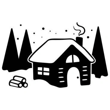 A log cabin made of dark wood nestled in a snowy forest, surrounded by tall, snow-covered pine trees. Soft flakes of snow fall gently around the cabin, blanketing the ground. Smoke curls gracefully from the chimney into the crisp air above. In the foreground, a small stack of firewood rests against the side of the cabin, while a frosty path leads to the front door.