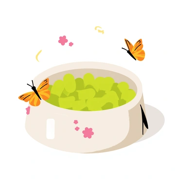 A round dog bowl with a glossy white surface. The bowl features delicate pink "cherry blossoms" scattered around its exterior. Vibrant butterflies with orange and black wings are fluttering above the bowl, while a few are resting on the rim. The interior of the bowl is filled with bright green kibble, reflecting the spring theme. Sunlight casts soft shadows, emphasizing the joyful essence of the season.