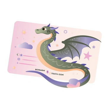 A business card with a vibrant, detailed illustration of a "mythical creature" in the center. The creature has a graceful body resembling a dragon, adorned with shimmering scales in shades of emerald green and sapphire blue. Its large, expressive eyes are a bright gold, and it has elegant wings spread wide with intricate patterns. Surrounding the creature are decorative elements such as swirling clouds and sparkling stars, creating a magical atmosphere. The card has a clean, professional layout with space for the name, title, and contact information at the bottom, utilizing a modern font in black to ensure readability.