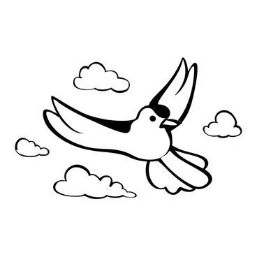 A black-and-white illustration of a "blue jay" soaring gracefully in the sky. The bird's wings are fully extended, showcasing its feathers in detail. Fluffy cloud formations are scattered in the background, emphasizing the sense of height and freedom. The sky is depicted with a sense of vastness surrounding the bird.