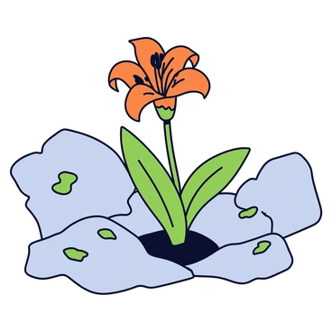 A vibrant orange tiger lily with striking dark spots is growing from a crack in a rugged gray rock surface. The flower stands tall, its petals slightly open, showcasing the intricate details and vibrant color. Surrounding the lily, the rough texture of the rock is visible, with small patches of green moss clinging to the crevices. The background features more rocky formations, emphasizing the stark contrast between the delicate flower and the harsh environment.