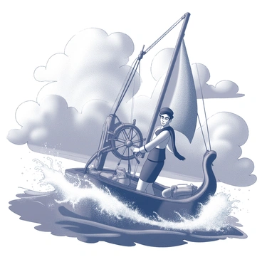 A sailor stands firmly at the helm of a ship, gripping the wheel tightly with both hands. The ocean around the vessel is tumultuous, with large waves crashing against the sides of the ship. Dark, swirling clouds loom overhead, hinting at the fierce storm. The sailor's expression reflects determination and focus as they navigate through the choppy waters. The ship's sails are billowing in the wind, and water splashes dramatically around the hull, emphasizing the struggle against the elements.