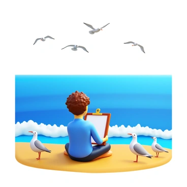 A person sitting on the shore with a sketchbook, focused on drawing the ocean waves. The individual has curly hair and is wearing a light blue shirt. Seagulls are flying in the sky above, some perched on the sand nearby. The ocean waves are gently rolling in, creating a foamy edge at the shoreline. The sun is shining brightly, casting soft shadows on the sand.