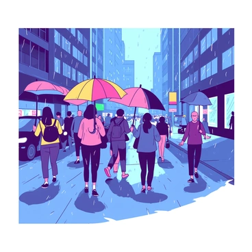 A busy city street is filled with people walking briskly under "colorful umbrellas." The rain creates a shimmering effect on the pavement, reflecting the light from nearby storefronts. In the foreground, a group of individuals of various ages and ethnicities is navigating the wet street, their umbrellas forming a vibrant canopy overhead. Raindrops are falling, creating a misty atmosphere, while cars pass by, their headlights glowing softly in the dim light. In the background, tall buildings rise, partially obscured by the falling rain, enhancing the lively, yet cozy urban scene.