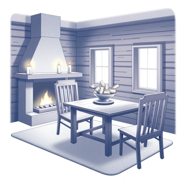 A cozy winter cabin interior with wooden walls and a warm, inviting atmosphere. A stone fireplace is set against one wall, with a soft glow emanating from the flames. The cabin has a rustic wooden table in the center, which holds a bowl filled with several KitKat bars. Surrounding the table are comfortable chairs, inviting one to sit and enjoy the warmth. A plush rug lies on the floor, adding to the cabin's homely feel. Soft, flickering candlelight casts gentle shadows, enhancing the cozy ambiance.