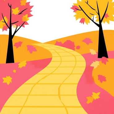 A yellow brick road winding through a landscape covered in vibrant autumn leaves. The road features individual yellow bricks, some partially obscured by the colorful leaves in shades of red, orange, and gold. Trees line the sides of the road, their branches adorned with foliage in the same autumn colors. The sky above is clear and bright, casting light onto the scene, highlighting the contrast between the yellow bricks and the colorful leaves scattered on the ground.