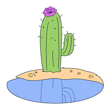 A tall green cactus with a variety of spines protruding from its surface. At the top of the cactus, there is a vibrant pink flower in full bloom, with delicate petals that spread outward. In front of the cactus, a calm desert pond mirrors the image of the cactus and flower perfectly. The pond's surface is smooth, reflecting the blue sky above, creating a serene visual balance. Surrounding the pond are patches of sandy soil with a few small stones scattered around.