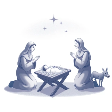 A nativity scene depicting a wooden manger placed at the center. The manger is filled with hay, and a baby figure rests inside, swaddled and peaceful. Surrounding the manger are figures of Mary and Joseph, both kneeling and gazing lovingly at the child. In the background, there is a silhouette of a starry night sky, with multiple stars visible, creating a gentle twinkling effect. To the side, there are animals such as a donkey and a sheep, attentively watching the scene. The ground is covered with soft hay, adding to the rustic feel of the setting.