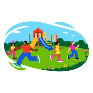 A group of five children running energetically on a colorful school playground during recess. One child, wearing a red t-shirt and blue shorts, is "it" and chasing after another child who is wearing a yellow dress. The playground features a large jungle gym with slides and monkey bars in the background. Surrounding the playground are green grass and bright flowers. The sky is clear and blue, providing a cheerful atmosphere. Each child has a joyful expression as they play together, creating a lively scene of laughter and excitement.