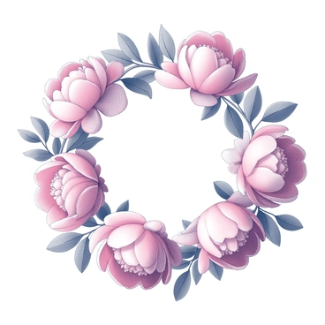 A circular wreath made of numerous pink peonies clustered together. The peonies are accompanied by several eucalyptus leaves interspersed among the flowers. The arrangement has a dense and voluminous appearance, showcasing the fullness of the peonies and the delicate texture of the eucalyptus leaves. The wreath is designed for hanging, with a visible loop at the top for easy display.