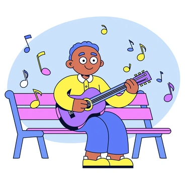 A flat-faced character with an exaggerated round head is sitting on a bench in a sunny park. The character has big, bright eyes and a wide smile. They are strumming a guitar with a shiny body and colorful strings. Floating around the character are various musical notes in different sizes, adding a lively touch to the scene. The park is dotted with simplified trees and a clear blue sky, creating a cheerful atmosphere.