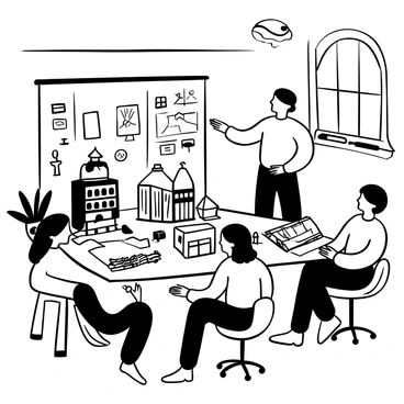 An architecture teacher standing by a large table covered with detailed blueprints and scale model buildings. Various models are arranged on the table, showcasing different building designs. The teacher is pointing at a blueprint while discussing it with a group of students who are seated around the table, examining their own blueprints and models. The room is filled with architectural tools and sketches pinned to the walls. A large window lets in natural light, illuminating the workspace.