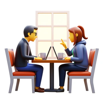 A mentor and a mentee sitting at a small table in a cozy coffee shop. The mentor is a middle-aged person with short black hair, wearing glasses and a casual blazer. The mentee is a young adult with long brown hair, wearing a hoodie. Both are focused on their laptops, with the mentor pointing at the screen and engaging in discussion. The table has two coffee cups, a notebook, and a pen. Soft lighting from a nearby window illuminates the scene, creating a warm atmosphere.