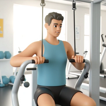 A person, wearing a fitted blue tank top and black gym shorts, is seated at a cable row machine in a well-lit gym. The machine features a shiny silver frame and thick black cables. The individual is gripping the handle with both hands, pulling it towards their torso, demonstrating focus and determination. Morning sunlight streams through the large windows, casting a soft glow across the exercise area. The surrounding gym has various fitness equipment like dumbbells and treadmills neatly arranged in the background. A motivational poster hangs on the wall, with the words "Push Your Limits" in bold letters.