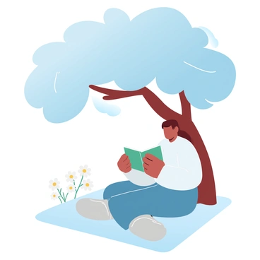 A person is sitting on a blanket under a large, leafy tree. The tree casts a gentle shadow over the individual, who is focused on reading a book held in both hands. Next to the person, there is a cluster of delicate chamomile flowers blooming. The scene is serene, showcasing the natural surroundings and the peaceful activity of reading.