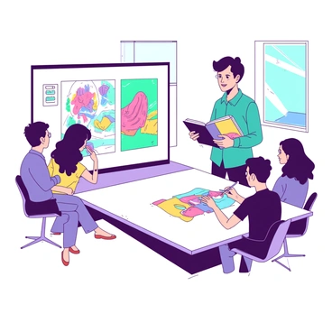 A young illustrator stands confidently in front of a panel of agency experts. The illustrator has short brown hair and is wearing a teal shirt. In their hands, they hold a collection of colorful illustrations that showcase their unique style. The panel, consisting of three individuals, sits at a sleek white table, attentively listening. One panel member is taking notes, while another examines a piece of artwork closely. Behind them, there is a large screen displaying a digital version of the artist's work, highlighting vivid colors and intricate details. The room is bright, with large windows letting in natural light.