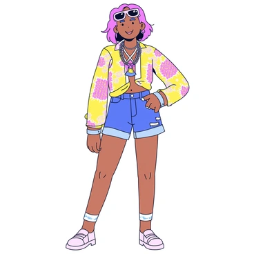 A stylish young woman stands confidently in a unique outfit crafted entirely from thrifted and upcycled clothing. She wears a brightly patterned oversized shirt that is partially tucked into high-waisted, distressed denim shorts. Her look is completed with layered accessories, including a mix of colorful bracelets and a statement necklace made from repurposed materials. Her hair is styled in loose waves, and she sports a pair of vintage sunglasses resting atop her head. The background features a subtle hint of urban elements, emphasizing her fashion-forward aesthetic.