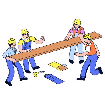 A group of four construction workers collaborating to lift a heavy wooden beam. Two workers are positioned on one side of the beam, wearing yellow hard hats and orange safety vests. The other two workers are on the opposite side, also wearing hard hats and vests. One worker is gripping the beam with both hands, while another is preparing to lift with a firm stance. The scene is set on a construction site with scattered tools and materials in the background.