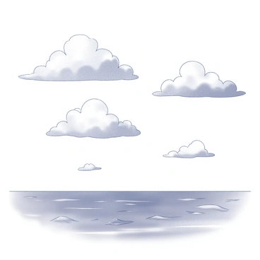 Fluffy clouds with soft, rounded edges are floating in the sky. Some of the clouds are sculpted into the shapes of mythical creatures such as dragons, unicorns, and griffins, each appearing as distinct figures with identifiable features. Below the clouds, a vast open sea stretches out, its surface reflecting the forms of the clouds above. Gentle waves rise and fall, creating a sense of movement in the water. The scene captures the whimsical interaction between the clouds and the sea, evoking a sense of wonder and imagination.