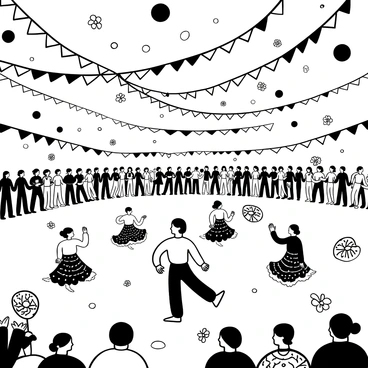 A large open space filled with various "colorful decorations" hanging from above, including garlands and banners. Groups of dancers dressed in traditional attire are performing joyous movements, their outfits adorned with intricate patterns. Numerous "brightly colored" flowers are scattered throughout the scene, adding to the festive atmosphere. A crowd can be seen clapping and enjoying the performance, with some people holding "decorative items" such as lanterns and fans.