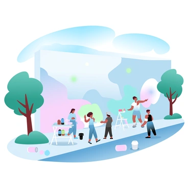 A large building wall is being adorned with a vibrant, artistic mural. A painter in a colorful outfit is focused on adding details to the mural, using a large brush. Below the wall, several people are gathered, some holding cans of spray paint. Nearby, a couple of small tables display paint supplies, and an assortment of colorful paint buckets are scattered on the ground. A few trees provide shade along the street, and various pedestrians walk by, admiring the artwork in progress. Bright blue skies and soft clouds frame the scene, enhancing the lively atmosphere.