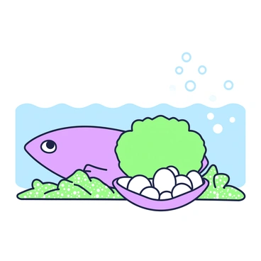 A flounder is swimming just below the surface of the water, its flat body blending into the sandy ocean floor. Nearby, an open clam is resting on a bed of seaweed, revealing glowing pearls nestled inside its shell. The pearls emit a soft light, illuminating the surrounding water and creating a gentle contrast with the flounder's skin texture. Small bubbles rise from the clam, adding to the underwater scene. The overall composition captures the interaction between the flounder and the clam, highlighting the beauty of marine life.