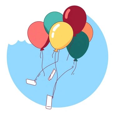 A collection of balloons in various colors is being released into the sky, with each balloon carrying a white lottery ticket attached by a string. The balloons float upward, showcasing shades of red, yellow, teal, and orange. The tickets are clearly visible, fluttering gently in the breeze as they dangle from the strings. The scene captures the joy and excitement of the release, with a bright blue sky serving as a backdrop for the colorful display.