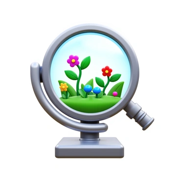 A miniature garden with tiny plants and flowers growing inside the lens of a microscope. The plants feature vibrant colors such as green leaves and colorful blossoms. The microscope is metallic, with intricate details on its structure. The lens is clear, showing a close-up view of the miniature garden, and the surrounding base of the microscope is polished and reflective.