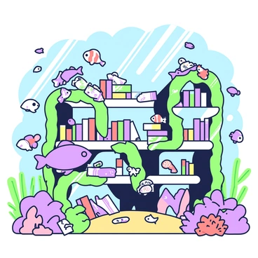 An imaginative underwater library is filled with various marine life. The scene features numerous colorful fish swimming around, some of which are perched on green seaweed shelves. The shelves are adorned with a variety of books, with some books lying open, displaying colorful illustrations. Several fish, such as a small clownfish and a shimmering angelfish, are depicted holding books with their fins, appearing to read attentively. Sunlight filters through the water, creating a dappled effect on the sandy ocean floor below. Various coral formations surround the library, enhancing the vibrant underwater setting.