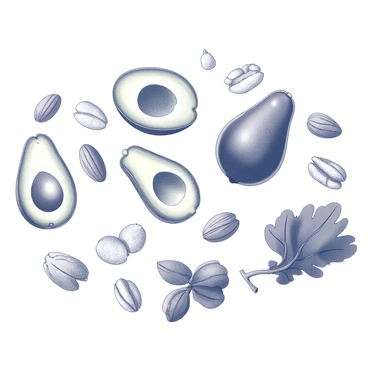 An infographic-style illustration displaying various liver-friendly foods arranged in a visually appealing manner. The image features several avocados, showcasing their halved form to reveal the creamy texture inside. A variety of nuts, including almonds and walnuts, are scattered around, highlighting their distinct shapes and textures. Leafy greens such as kale and spinach are prominently featured, with leaves arranged to demonstrate their freshness and vibrancy. Each food item is labeled with a clear, bold title to indicate its liver health benefits. The overall composition is organized to draw attention to the importance of these foods in promoting liver health.