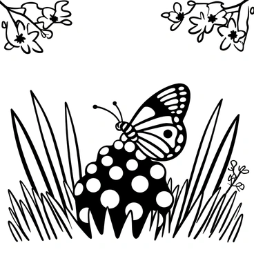 A butterfly with intricate patterns resting on a pine cone placed on green grass in a meadow. The background features tall grass and wildflowers surrounding the scene. Sun rays filter through the trees above, casting soft shadows on the ground. The composition captures the delicate details of the butterfly's wings and the texture of the pine cone.