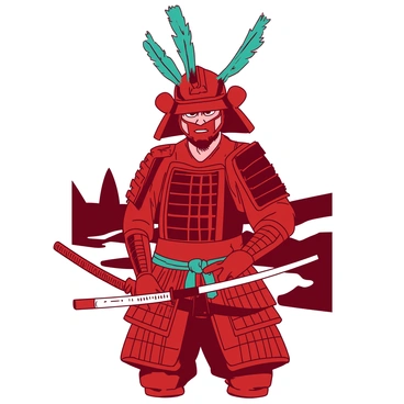A red samurai warrior stands confidently, wearing an ornate helmet that features striking teal feathers protruding from the top. The warrior's armor glimmers with intricate patterns and is highlighted by a teal sash tied at the waist. In the warrior's right hand, there is a traditional katana with a beautifully crafted hilt. Behind the warrior, a subtle backdrop suggests an ancient landscape, adding depth to the scene. The samurai's fierce gaze reflects strength and determination.