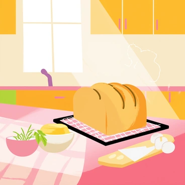 A cozy kitchen with a loaf of garlic bread fresh out of the oven