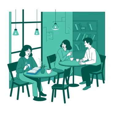 A teal cozy café has several small wooden tables occupied by various people. One person is sitting at a table by the window, enjoying a steaming cup of coffee while reading a book with a blue cover. Another couple is engaged in a lively conversation, each holding a white mug with coffee. The warm light from hanging lamps creates a welcoming atmosphere, illuminating the shelves filled with books in the background. A small potted plant sits on one of the tables, adding a touch of greenery to the scene.