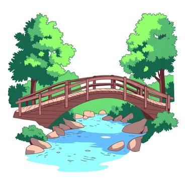 A rustic wooden bridge made of weathered planks spans across a narrow stream. The bridge has a slightly arched shape, showcasing its sturdy construction. Below the bridge, crystal-clear water reflects the surrounding greenery. The stream flows gently, surrounded by smooth pebbles and small rocks along its banks. Lush trees with thick foliage rise on either side of the stream, their leaves forming a vibrant canopy overhead. Sunlight filters through the leaves, casting dappled shadows on the ground and the shimmering water.