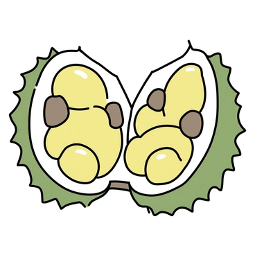 A sliced open jackfruit, showing its green, spiky outer skin. Inside, the jackfruit reveals multiple sticky yellow pods clustered together, along with several large seeds embedded in the pulp. The texture of the pods is glossy and shiny, with a rich, vibrant yellow color. The seeds are brown and oval-shaped, contrasting with the bright yellow fruit. The interior is filled with a rich array of textures and colors, highlighting the unique structure of the jackfruit.