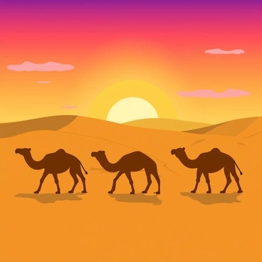 A caravan of camels is traversing a vast desert under a vibrant sunset. The camels are of varying shades of brown, their humps prominently visible as they walk in a line across the golden sand dunes. The sky is painted with warm hues of orange, pink, and purple, creating a beautiful backdrop for the scene. Silhouettes of the camels are outlined against the glowing sky, and a few wispy clouds can be seen scattered in the background. In the distance, the sun is just above the horizon, casting long shadows on the sand and illuminating the caravan with a soft, warm light.