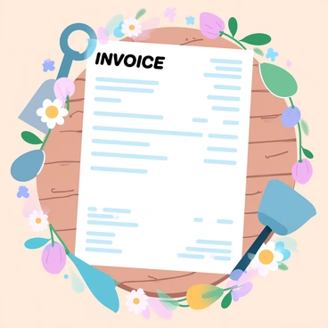 An invoice is prominently displayed on a wooden surface. The invoice features clear text detailing the charges. Surrounding the invoice are illustrations of various gardening tools, including a spade, a rake, and a watering can. Colorful blooming flowers, such as daisies and tulips, are intertwined around the edges of the invoice. The flowers are depicted in vibrant shades, creating a lively atmosphere that enhances the gardening theme.