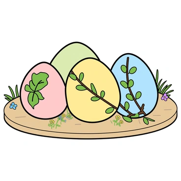 A variety of Easter eggs displayed together on a light wooden surface. Each egg is unique, featuring intricate decorations made from real leaves, twigs, and small flowers. The eggs are painted in soft pastel colors, including light pink, baby blue, and pale yellow. Some leaves are delicately arranged to cover parts of the eggs, while twigs wrap around other eggs in a spiral fashion. Tiny sprigs of green grass and colorful wildflowers are scattered around the eggs, enhancing the natural theme. The overall arrangement creates a cheerful and festive atmosphere.