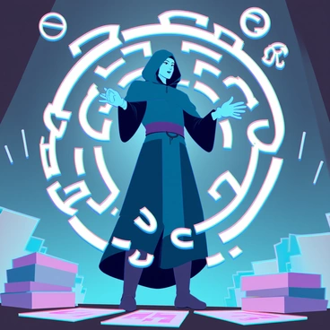 A mysterious mage with a hooded cloak, partially obscuring their face, stands in a dimly lit environment. Their hands are raised, and they are casting a spell, causing glowing runes to swirl around them in intricate patterns. The runes emit a bright blue light, illuminating the surrounding area. The mage’s cloak flutters as if affected by an unseen force, and the floor is scattered with ancient tomes and scrolls, adding to the mystical atmosphere. The air is charged with energy, and faint wisps of magical smoke drift around them.